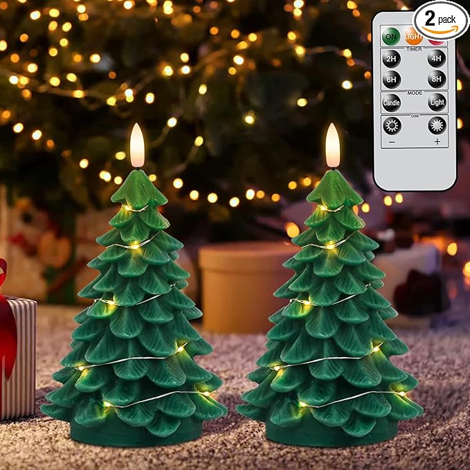 Wondise Christmas Tree Flameless Candles with String Lights 11-Key Remote and Timer, Real Wax Battery Operated 3D Wick LED Flickering Candles for Christmas Holiday Indoor Dinner Decor(3" x 7.1")