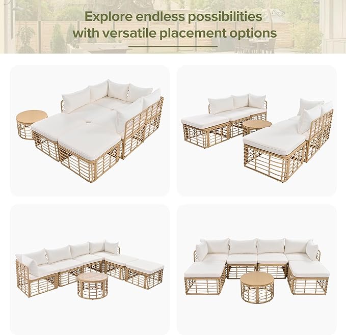 7 Pieces Outdoor Patio Furniture Sectional Sofa Set with Coffee Table, All-Weather Rattan Conversation Set with Thick Cushions and Pillows for Garden Backyard Balcony, Freely Combined (Beige-7S)