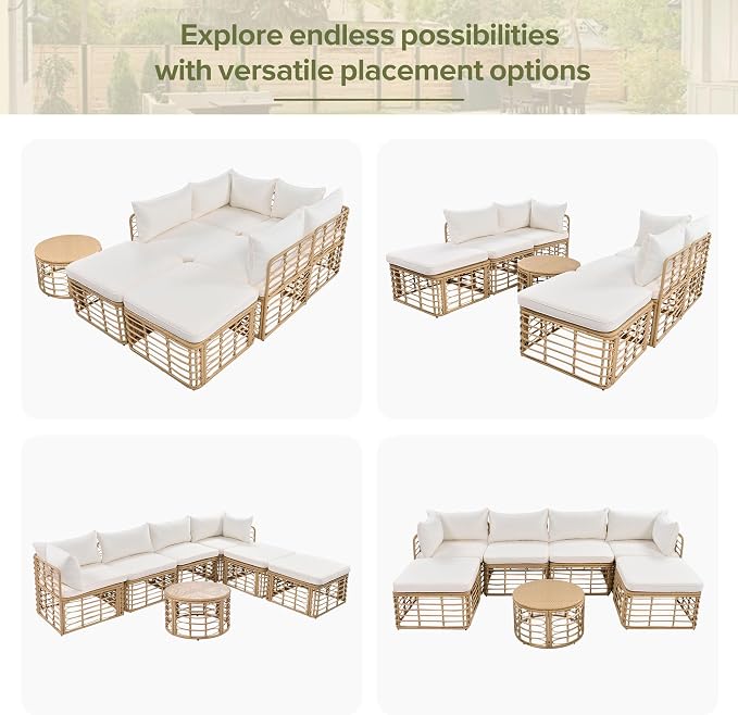7 Pieces Outdoor Patio Furniture Set, All-Weather Rattan Sectional Sofa Set with Thick Cushions and Pillows, Round Coffee Table, Freely Combined Conversation Sets for Garden, Backyard (Beige * 104)