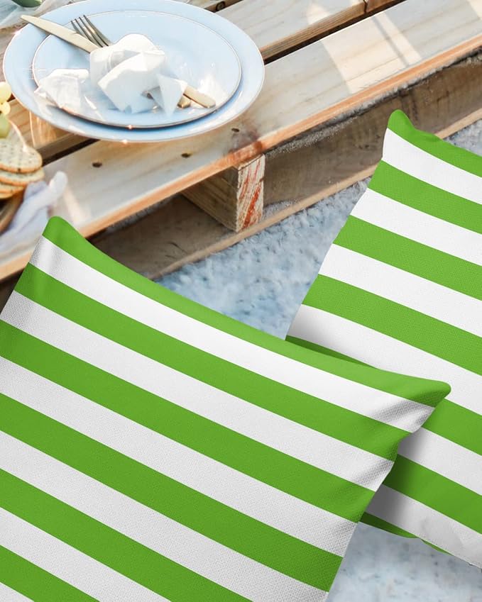 Outdoor Waterproof Pillow Covers for Patio Furniture Green and White Stripes Decorative Throw Pillow Cover Solid Striped Pillowcases Set of 2 Cushion Case for Sofa Couch Chair 26 x 26 in