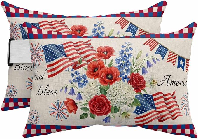 250th Anniversary Floral Outdoor Pillows for Chaise Lounge Chair Headrest Pillow Set of 2 Waterproof Lumbar Pillows with Insert&Adjustable Strap Red Blue Stars 4th of July Rustic Pillow 11"x16"