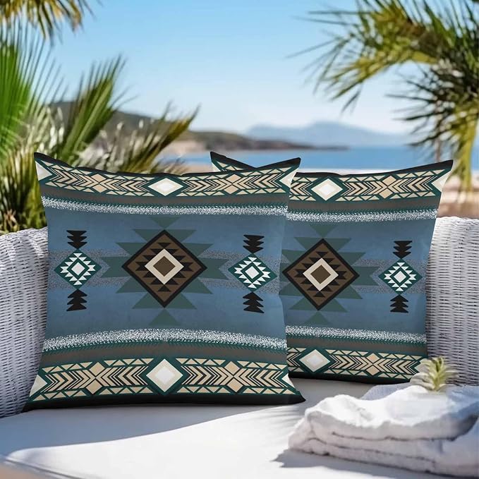 Vandarllin Outdoor Throw Pillows Covers 16x16 inch Set of 2 Waterproof Blue Tribal Style Decorative Zippered Cushion Covers for Patio Furniture, Southwest Native American Lumbar Pillowcases