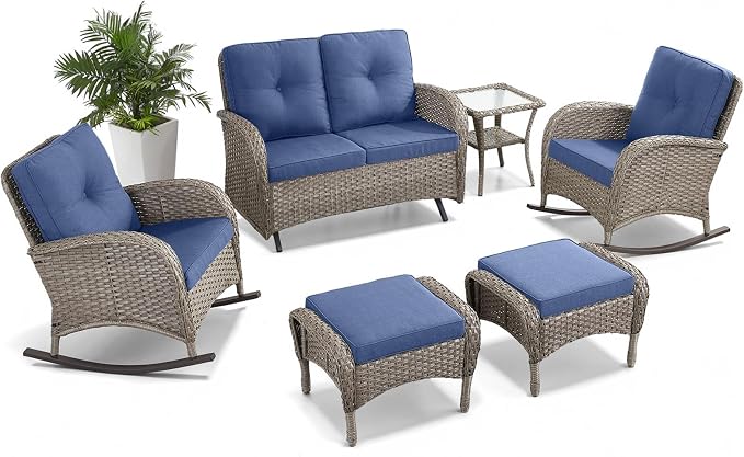 Belord 6 Pieces Wicker Patio Furniture Set with Patio Rocking Chairs, High Back Patio Conversation Set Outdoor Loveseat Glider with Ottoman and Rattan Side Table for Deck Sunroom Backyard