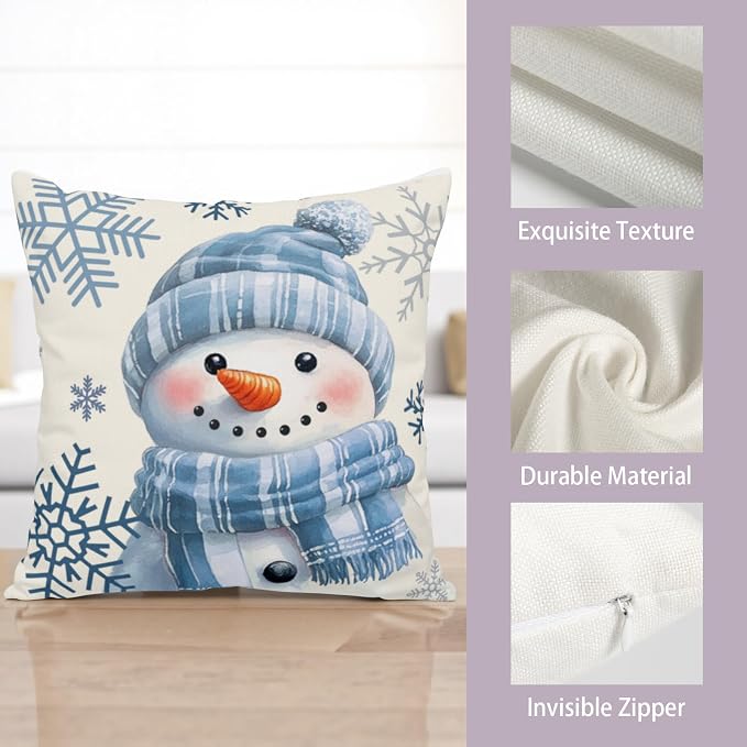 Lovely Blue Snowman Pillow Covers Winter Throw Pillow Case 16x16 Set of 2 Snowflakes Pillowcase Holiday Cushion Case for Living Room Bedroom Couch Sofa