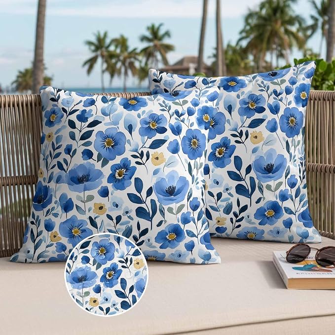 Blue Flowers Outdoor Waterproof Throw Pillow Covers Set of 2, 26"x26", Summer Watercolor Retro Floral Decorative Pillow Covers Outside Cushion Case for Patio Porch Garden