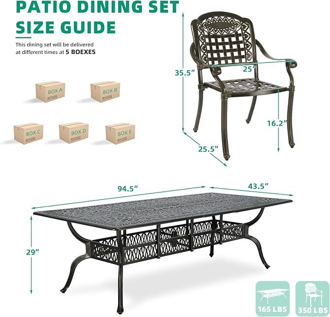 VIVIJASON 9-Piece Outdoor Dining Set, Cast Aluminum Retro Patio Furniture Table and Chairs Set for 8, Include Large 94.5" Rectangular Dining Table and 8 Chairs with Umbrella Hole for Balcony Garden