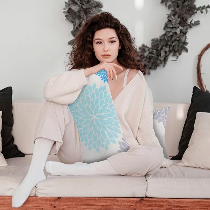 Chaise Head Rest Pillows Set of 2, Outdoor Lounge Pillow Lumbar Pillows with Insert and Adjustable Elastic Strap Decorative Pillows for Patio Beach Pool Chair, Light Blue Gray Flower