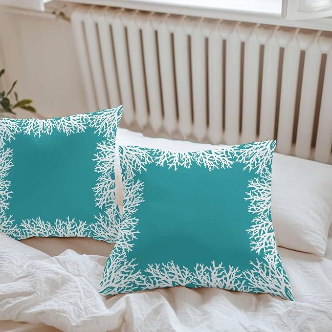 Vandarllin Outdoor Throw Pillows Covers 20x20 inch Set of 2 Waterproof Turquoise Coral Decorative Zippered Cushion Covers for Patio Furniture, Coastal Marine Life Lumbar Pillowcases