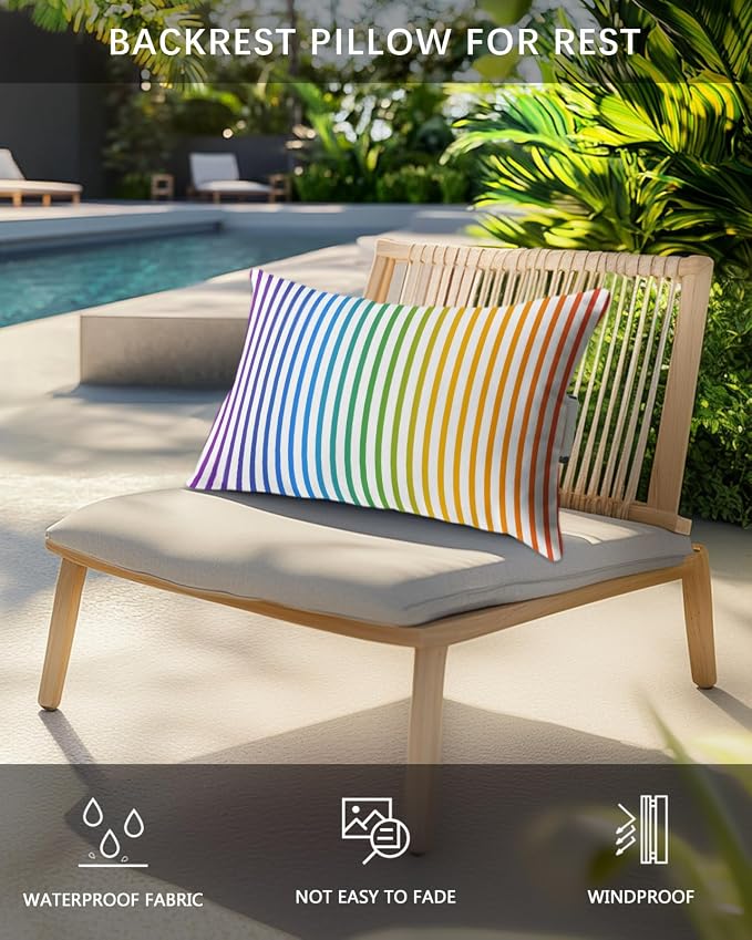 Pack of 4 Outdoor Lumbar Pillow Covers 12x20 Inch, Thin Rainbow Striped Waterproof Throw Pillow Covers Set, Farmhouse Modern Stripes Indoor&Outdoor Decorative Cushion Cases for Patio Porch Car