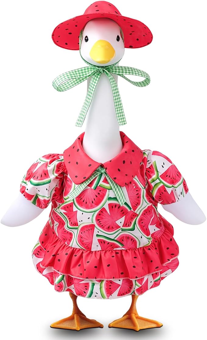 Watermelon Porch Goose Outfit, 23 inch Porch Goose Summer Outfit with Watermelon Dress and Hat, Cute Goose Clothes for Outdoor Garden Yard Patio Lawn Art Decor