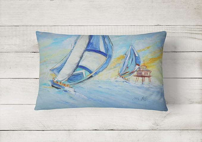 Caroline's Treasures JMK1005PW1216 Sailboats and Middle Bay Lighthouse Canvas Fabric Decorative Pillow Machine Washable, Indoor Outdoor Decorative Pillow for Couch, Bed or Patio, 12HX16W