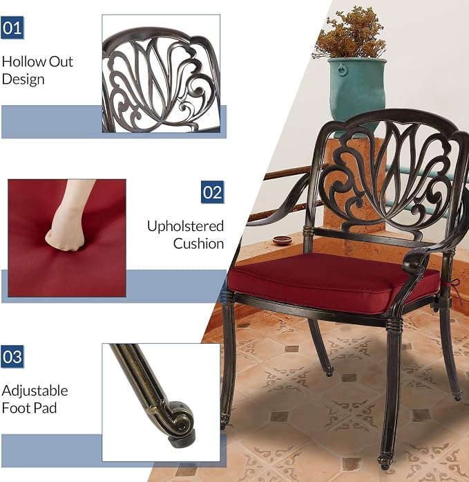 9-Piece Patio Cast Aluminum Dining Set, Outdoor Dining Furniture Set for 8 Person, Includes 64" Square Table and 8 Cushioned Chairs with Umbrella Hole for Patio Deck Garden, Red