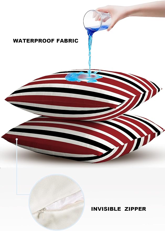 Outdoor Waterproof Pillow Covers for Patio Furniture Red Black and White Stripes Decorative Throw Pillow Cover Farmhouse Stripe Pillowcases Set of 2 Cushion Case for Sofa Couch Chair 16 x 16 In