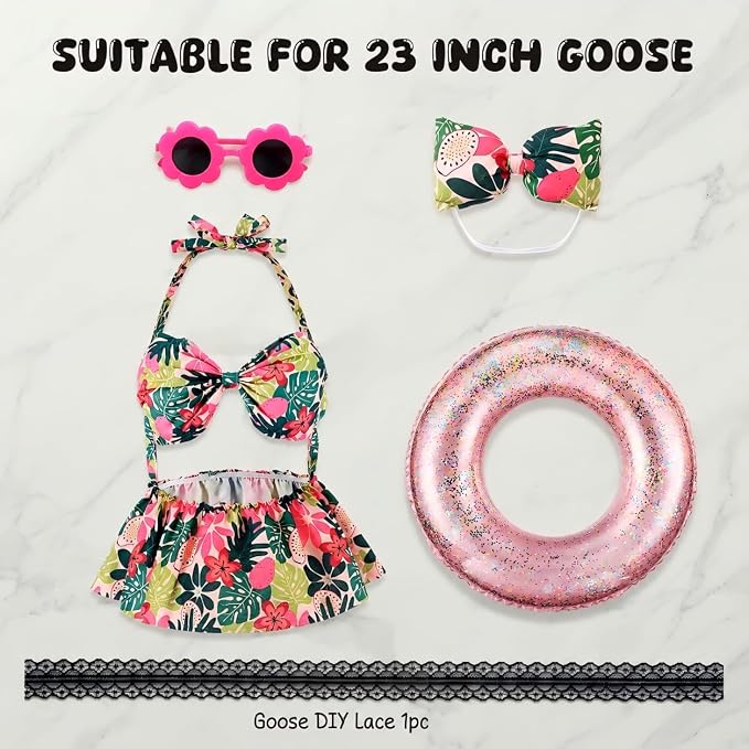 Summer Lawn Goose Outfit Set, Floral Bikini Costume with Glitter Swim Ring Flower Sunglasses Bow Headband, Fits Standard 23 Inch Porch Goose Statue, Outdoor Garden Yard Decor