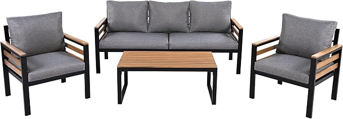 VilroCaz 4-Piece Outdoor Patio Furniture Sectional Sofa Set with Acacia Wood Armrests, All-Weather Conversation Set with Removable Cushion and Solid Wood Coffee Table for Garden Backyard (Grey-TH)