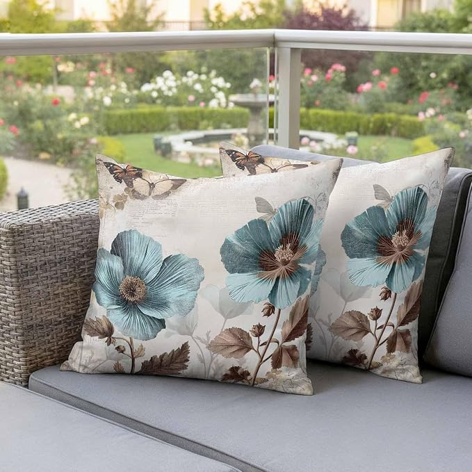 Teal Blue Floral Waterproof Outdoor Pillow Covers 20''x20'' Set of 2, Vintage Brown Flowers Butterfly Plant Patio Furniture Cushion Covers for Chairs, Decorative Pillow Cases for Garden/Pool/Beach