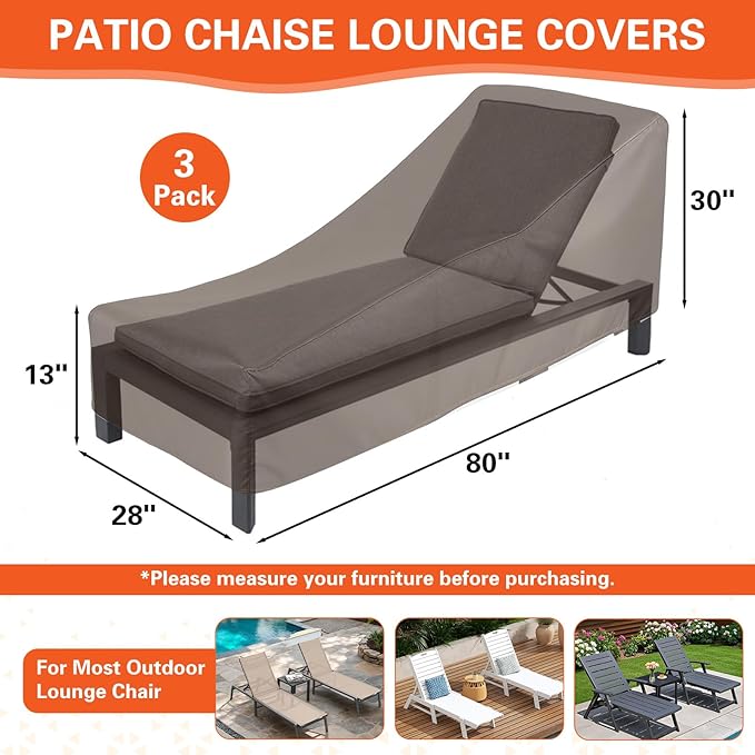 3 Pack Patio Chaise Lounge Chair Covers, Waterproof Patio Lounge Chair Covers 80x30x28 Inch with Storage Bags High-Tension Drawcord, All Weather Waterproof Anti-UV No Fading for Outdoor Lawn Furniture