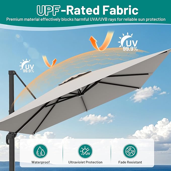 AreShark 10 × 10FT Square Cantilever Patio Umbrella with Base Included, 360° Rotation Offset Outdoor Umbrella, 5 Tilt Settings Heavy Duty Hanging Parasol for Deck Garden Pool, Light Grey