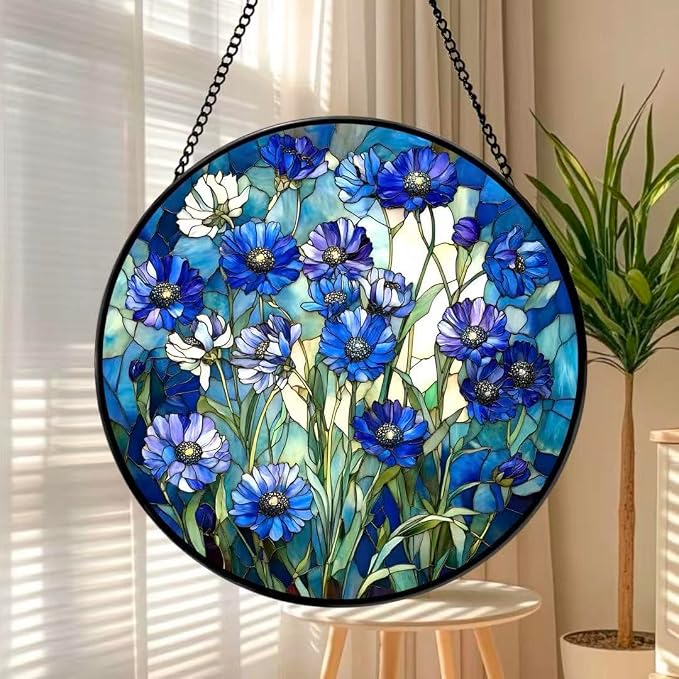 Stained Glass Window Hanging - Blue Floral Pattern 7.8 Inches Suncatcher for Garden Home Decor for Women Mon Grandma Friends