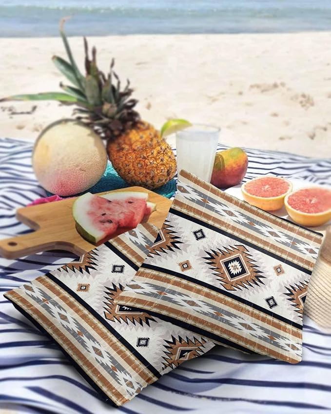Outdoor Waterproof Throw Pillow Covers Set of 2 Orange Boho Aztec Pillowcases 24x24 Inches Southwest Tribal Geometric Patio Decorative Pillows Cushion Case Patio Pillows for Couch Bed Chair Garden