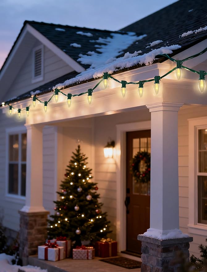 C7 Clear Christmas String Lights, 26Ft Vintage Christmas Decoration with 27 5W Clear Glass Incandescent Bulbs, Hanging Outdoor String Lights for Holiday Party Patio Roofline Wedding Xmas Decor