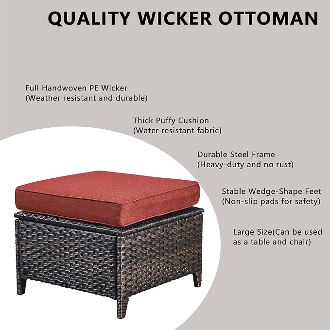 Rilyson Wicker Patio Furniture Chairs Set - 8 Piece Rattan Outdoor Patio Sectional Conversation Sets with 1 Sofa,4 Armrest Chairs,1 Coffee Table and 2 Ottomans for Porch Deck Garden(Brown/Red)