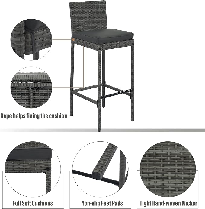 5 piece Patio Wicker Bar Set for 4, Outdoor Bar Height Table & 4 Rattan Cushioned Stool Chairs with Non-Slip Feet and Fixed Rope, Acacia Wood Table Top, Space Saving Design, Gray