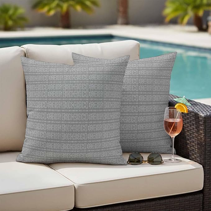 Outdoor Waterproof Throw Pillow Covers Set of 2 Stripes Grain Pillowcases 16x16 Inches Grey Solid Color Decorative Pillows Cushion Case Patio Pillows for Couch Bed Chair Garden