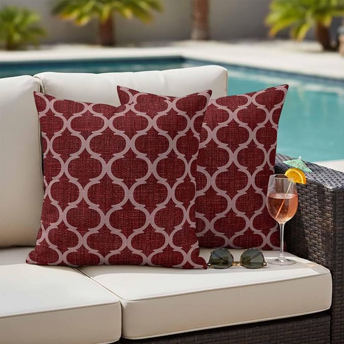 Deep Red Morocco Outdoor Pillow Covers 24x24 Inch Throw Pillow Covers Set of 2 Waterproof Decorative Pillow Cases Retro Farmhouse Quatrefoil Plaid Cushion Covers for Patio Furniture Garden Couch Sofa