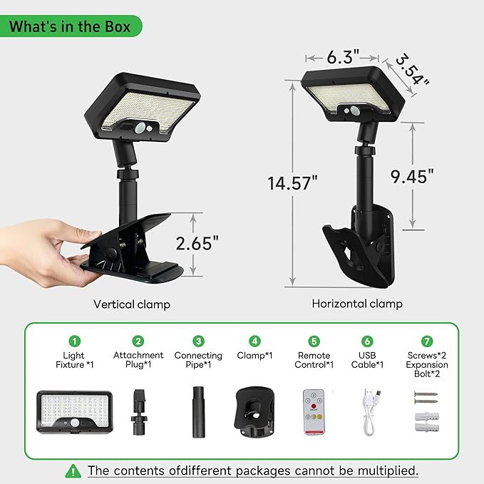 Clip On Solar Motion Lights Outdoor with Remote, 600LM IP65 Waterproof, 1500mAH USB & Solar Powered for Fence, Camping, Porch - Black(1-Pack)