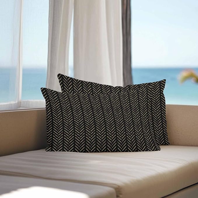 Vandarllin Outdoor Throw Pillows Covers 20x12 inch Set of 2 Waterproof Black Stripes Decorative Zippered Cushion Covers for Patio Furniture, Modern Geometric Art Lumbar Pillowcases
