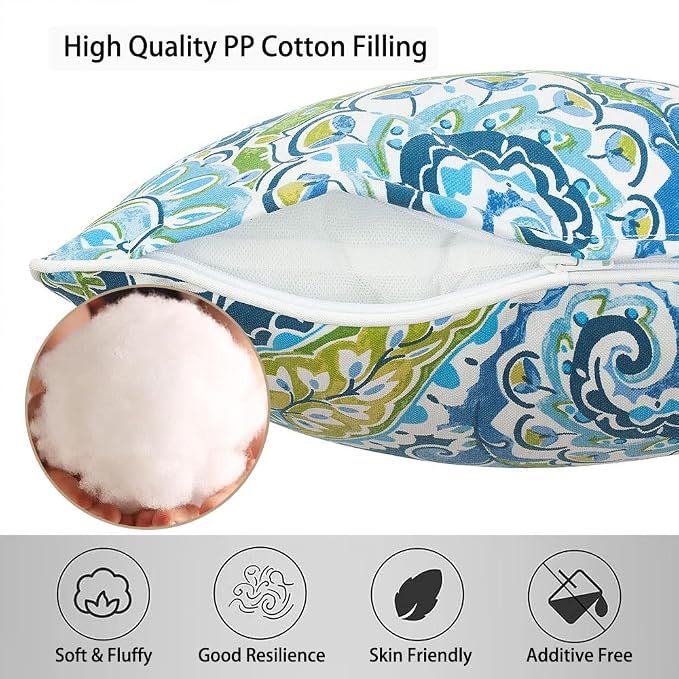 Magpie Fabrics Pack of 2 Outdoor Waterproof Lumbar Rectangular Throw Pillow with Insert, Home Decorative Toss Pillows All Weather Cushion for Patio Garden Car Office (12x20 Inch, Paisley Lapis Green)