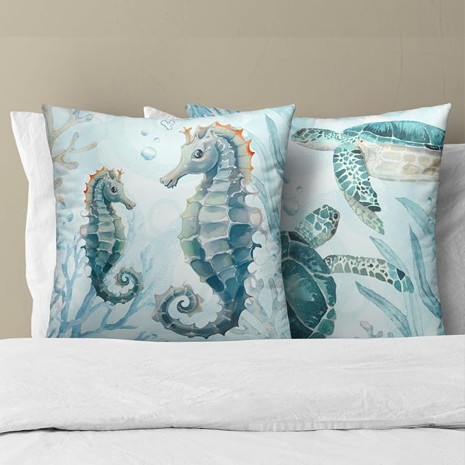 Sea Turtle Throw Pillow Covers 16 x 16 Inch Set of 2 - Ocean Animal Themed Decorative Pillows Soft Cotton Linen Cushion Cases for Couch Sofa Chair Bedroom Outdoor Home Decor