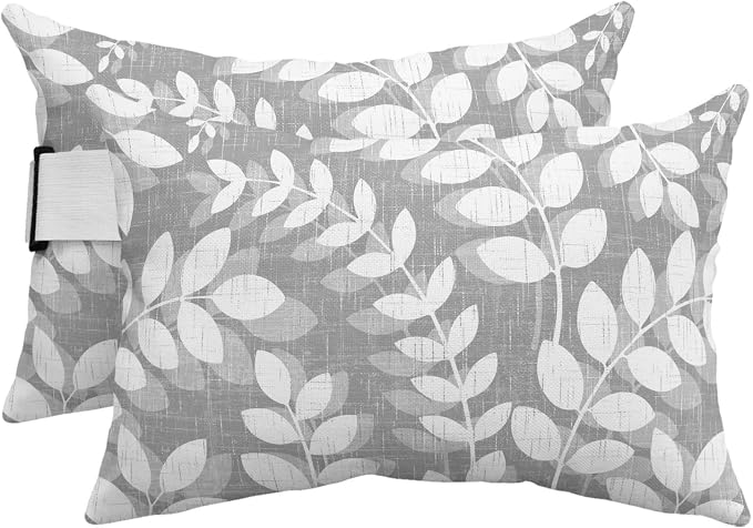 Outdoor Lumbar Pillow Set of 2, Gray Leaves Waterproof Beach Headrest Pillow with Inserts, Farmhouse Botanical Leaf Branch Vintage Modern Recliner Throw Pillows for Patio Furniture, 12 x 20