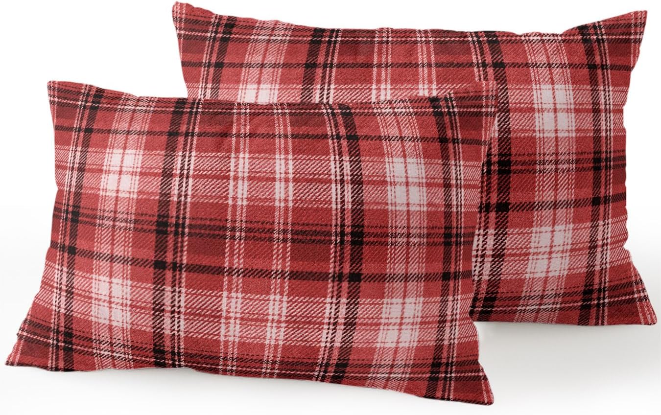 Waterproof Outdoor Pillow Set of 2 Red Checked Plaid Decorative Throw Pillows Cover & Insert 20x12 Inch Lumbar Pillowcase Stripes Woven Grid Pillows for Couch Sofa Bed Patio Furniture Indoor Outdoor
