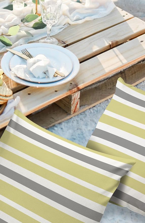 Outdoor Waterproof Pillow Covers for Patio Furniture Yellow Grey Stripes Decorative Throw Pillow Cover Farmhouse Stripe Gray Pillowcases Set of 2 Cushion Case for Sofa Couch Chair 18 x 18 in