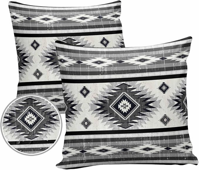 Outdoor Waterproof Throw Pillow Covers Set of 2 Gray Boho Aztec Pillowcases 16x16 Inches Southwest Tribal Geometric Patio Decorative Pillows Cushion Case Patio Pillows for Couch Bed Chair Garden