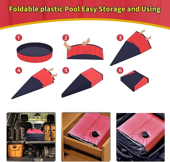 CACSPS Foldable Dog Pool, 47" x 12" Kiddie Pool with Hard Plastic, Non-Slip Dog Bath Tub for Outdoor Backyard, Collapsible Dog Swimming Pool for Kids Dogs Pets (Red)