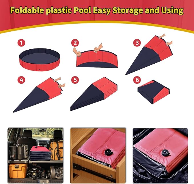 CACSPS Foldable Dog Pool, 39" x 12" Kiddie Pool with Hard Plastic, Non-Slip Dog Bath Tub for Outdoor Backyard, Collapsible Dog Swimming Pool for Kids Dogs Pets (Red)