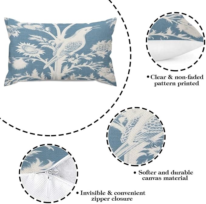 Set of 2 Blue Turquoise and White Birds Plant Pillow Covers 12x20in Farmhouse Canvas Cushion Covers Outdoor for Couch Chair Home Decor for Family Friends