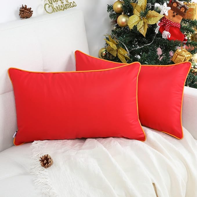 Silicone Leather Outdoor Waterproof Pillow Cover with Piping Outside Fadeproof Red Lumbar Pillows for Patio Furniture Bench House Couch 12x20 Inch, Pack of 2