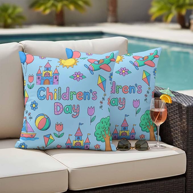 Pack of 2 Children's Day Outdoor Pillow Covers Decorative, Waterproof Pillow Protector, Airplanes Sailing Boats Tree Cartoon Blue Throw Pillowcases Accent Cushion Cases for Patio Couch Sofa 24"x24"