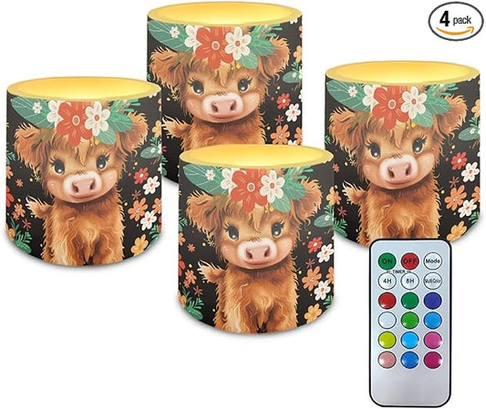 3 inch Flickering Color Changing LED Candles Set of 4 Floral Cute Highland Cow Print Flameless Eletric Pillar Candles with Remote Timer Control Home Decor