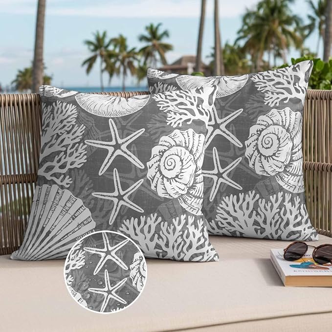 Outdoor Pillow Covers 26x26 Inch Set of 2, Grey Starfish Coastal Waterproof Throw Pillow Covers, Summer Coral Shell Beach Nautical Decorative Cushion Pillowcases for Couch, Sofa, Bed, Garden, Patio