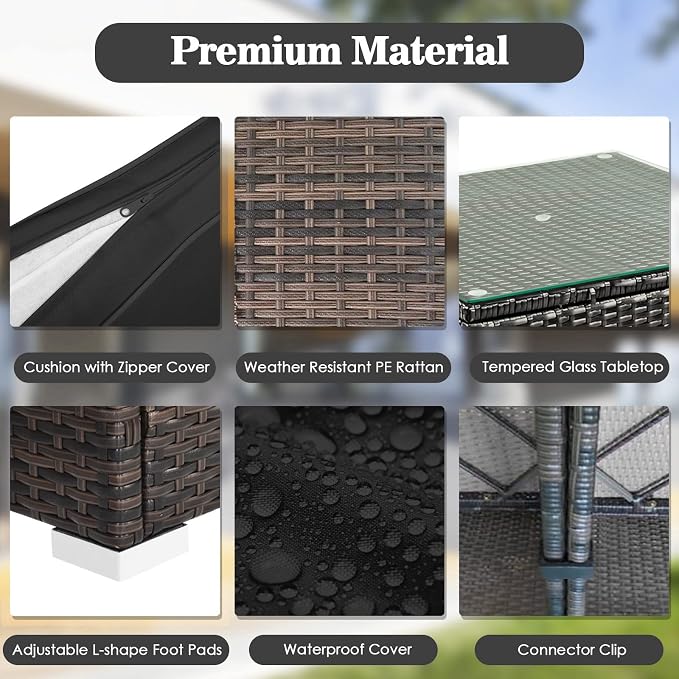 HAPPYGRILL 5 PCS Patio Furniture Set Outdoor Rattan Wicker Sofa Set with Coffee Table Sectional Sofa Conversation Set with Pillows Cushions for Backyard Porch Garden Poolside