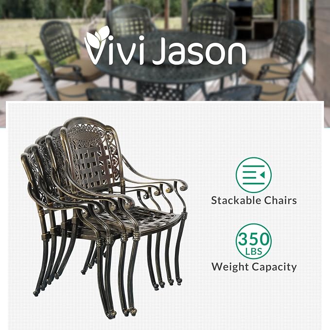 VIVIJASON 9-Piece Outdoor Furniture Dining Set, Rust-Free Cast Aluminum Patio Conversation Set, Include 8 Cushioned Chairs & 61" Round Dining Table with 31" Lazy Susan, Umbrella Hole, Khaki