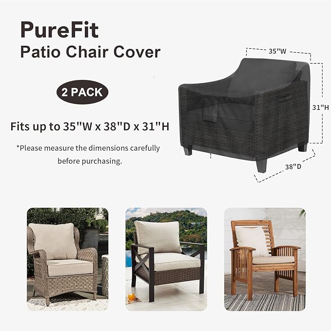 PureFit Outdoor Chair Covers Waterproof 2 Pack Patio Furniture Lawn Chair Covers for Outdoor Furniture with Air Vent and Padded Handles, Fits up to 35W x 38D x 31H Inches, Black