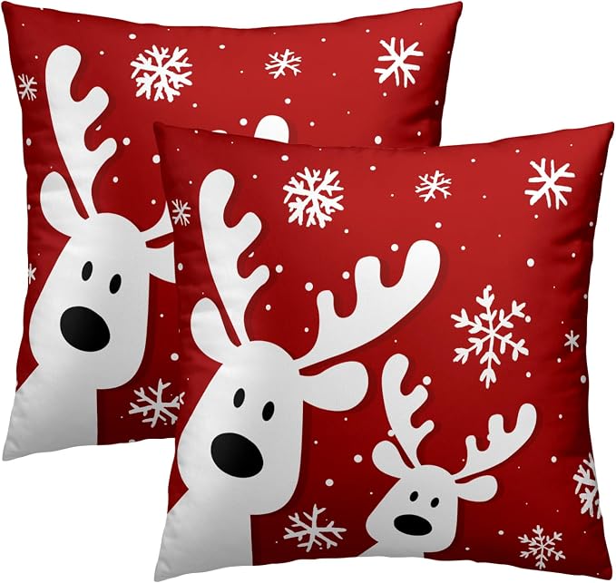 Christmas Reindeer Throw Pillow Covers 20x20, 2 Pack Xmas Deers Snowflakes Red Double-Sided Decorative Pillow Cases Cushion Cover for Farmhouse Bed Couch Living Room Outdoor Car