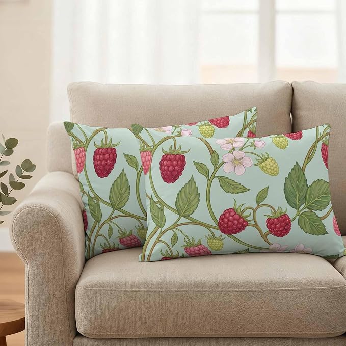 Raspberry Leaves Outdoor Pillow Covers 20"x12" Set of 2, Watercolor Red Pink Fruit Floral Mint Green Waterproof Throw Pillow Covers for Patio Furniture, Decorative Cushion Covers for Porch