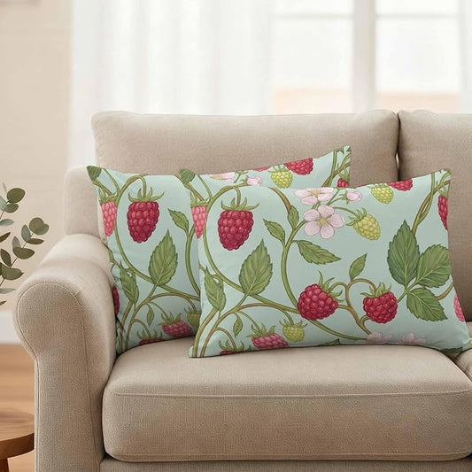 Raspberry Leaves Outdoor Pillow Covers 20"x12" Set of 2, Watercolor Red Pink Fruit Floral Mint Green Waterproof Throw Pillow Covers for Patio Furniture, Decorative Cushion Covers for Porch